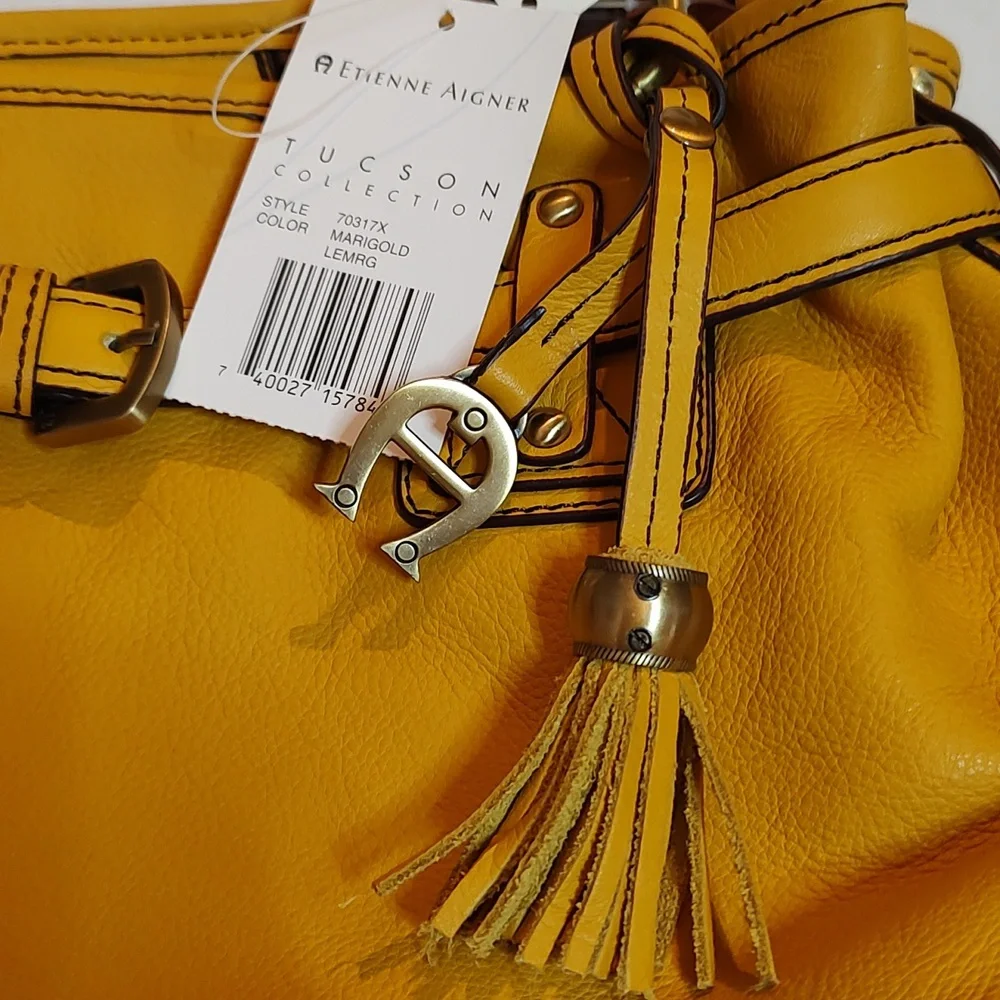 New Leather Shoulder Bag Harvest Gold Etienne Aigner w/ Tassel & Aigner Logo